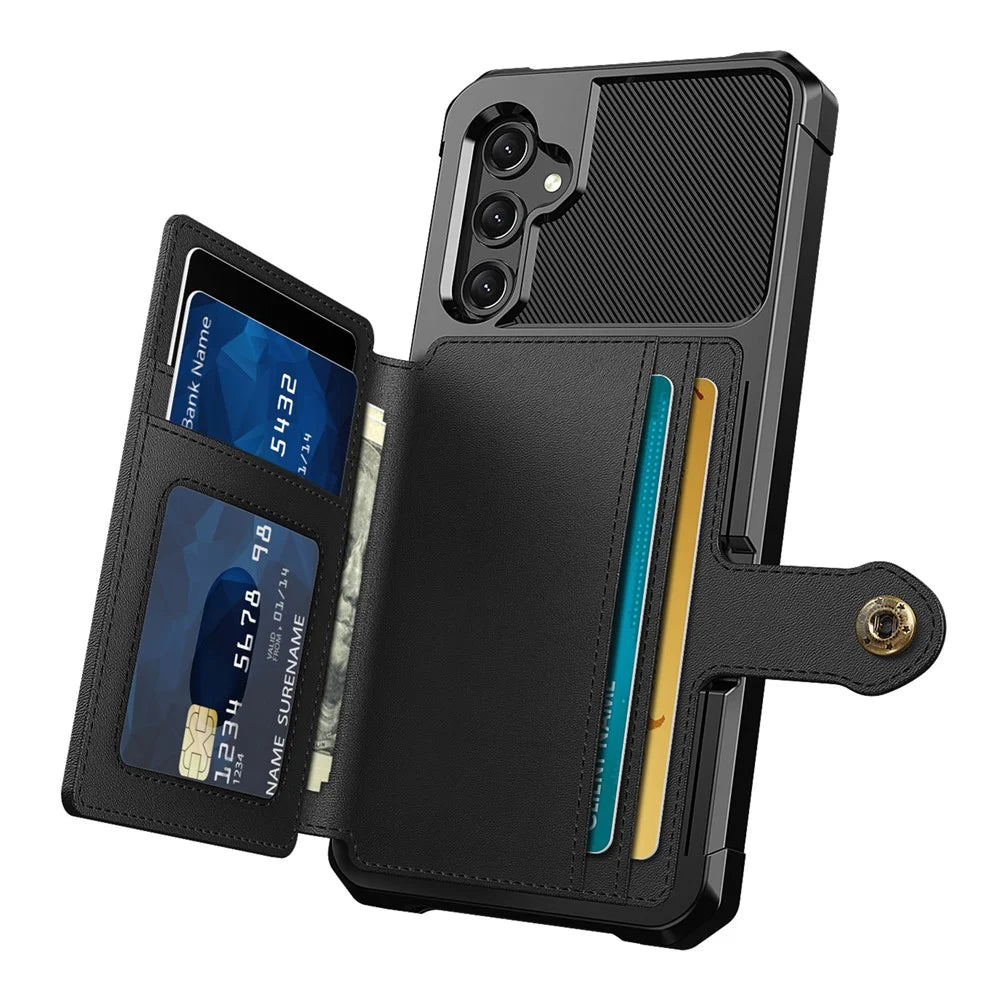 For Samsung Galaxy A24 4G (162.1 x 77.6 x 8.3mm) PU Leather Coated TPU Anti-Scratch Case Card Holder Kickstand Phone Cover - Black - 3