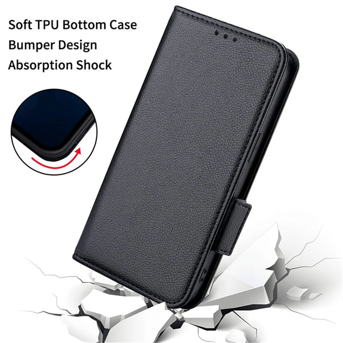 For iPhone 15 Drop Proof PU Leather Phone Case Litchi Texture Stand Wallet Phone Cover - Black - 6