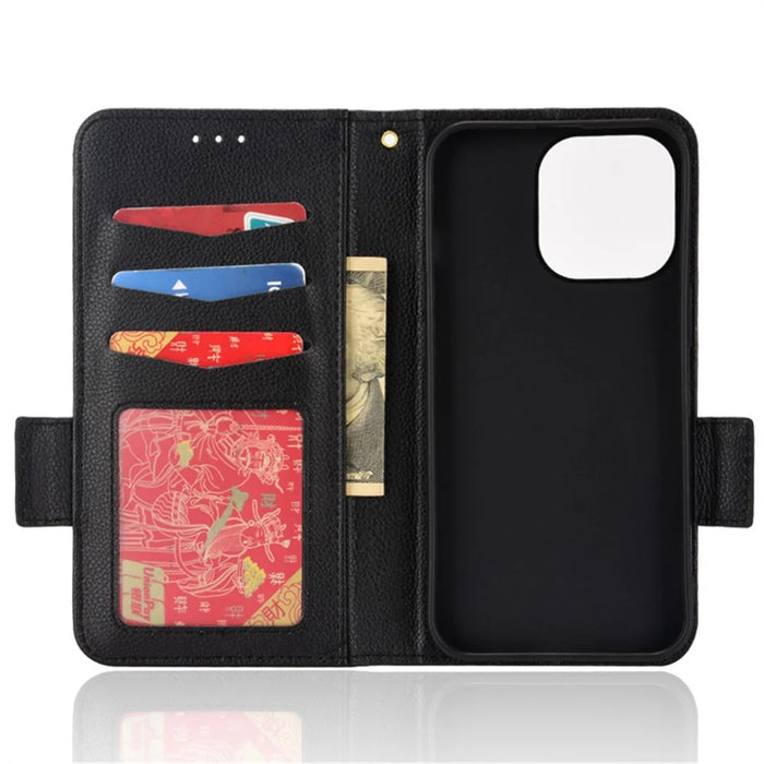 For iPhone 15 Plus Scratch Proof PU Leather Phone Case Litchi Texture Stand Wallet Phone Cover - Black - 4