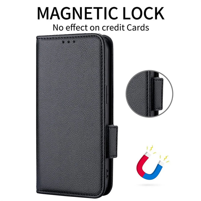 For iPhone 15 Plus Scratch Proof PU Leather Phone Case Litchi Texture Stand Wallet Phone Cover - Black - 5