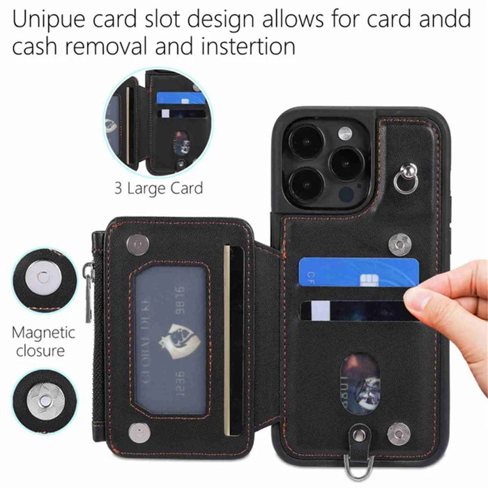 For iPhone 15 RFID Blocking PU Leather+TPU Phone Case Wallet Cover Card Holder with Wrist Strap - Black - 4