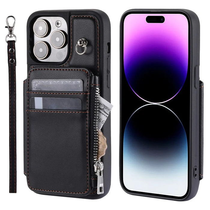For iPhone 15 Pro Zipper Wallet PU Leather+TPU Phone Case RFID Blocking Phone Shell with Wrist Strap - Black - 1