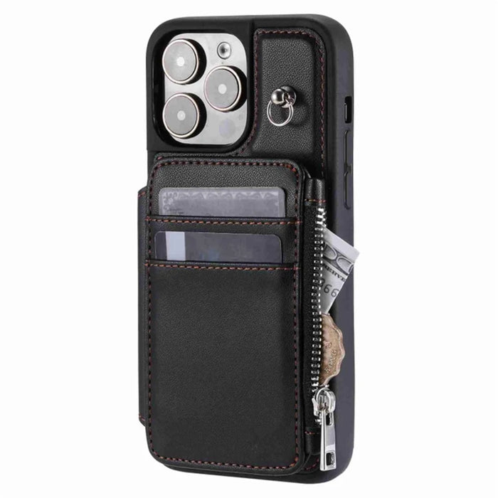 For iPhone 15 Pro Zipper Wallet PU Leather+TPU Phone Case RFID Blocking Phone Shell with Wrist Strap - Black - 2