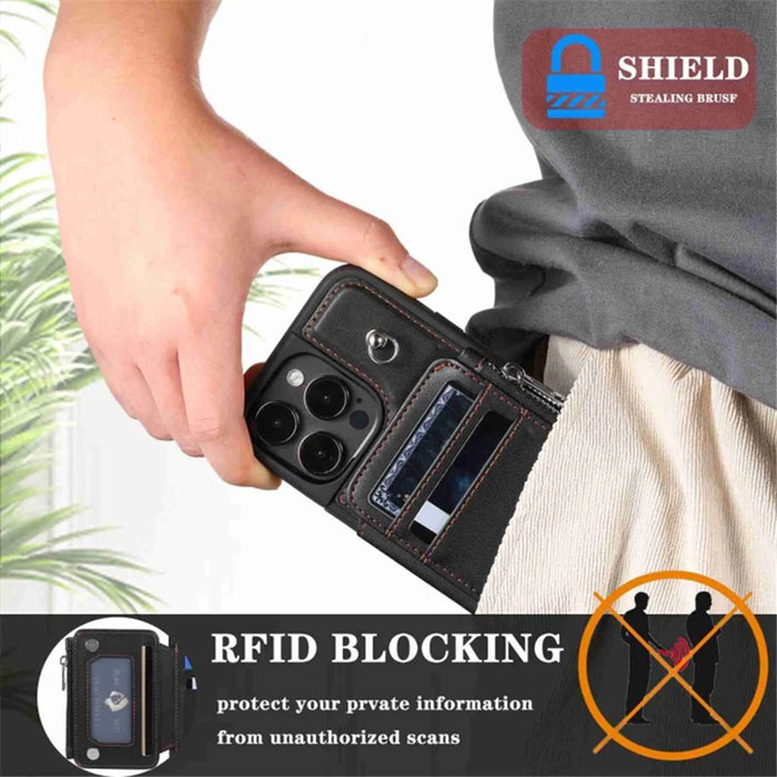 For iPhone 15 Pro Zipper Wallet PU Leather+TPU Phone Case RFID Blocking Phone Shell with Wrist Strap - Black - 6