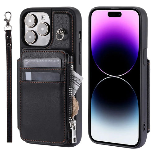 For iPhone 15 Plus Drop-proof PU Leather+TPU Phone Case RFID Blocking Wallet Cover with Wrist Strap - Black - 1