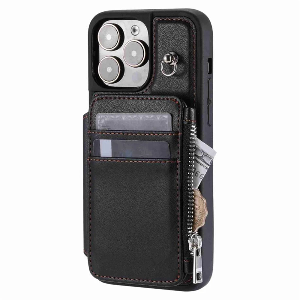 For iPhone 15 Pro Max RFID Blocking Wallet Phone Case Shockproof PU Leather+TPU Cover with Wrist Strap - Black - 2