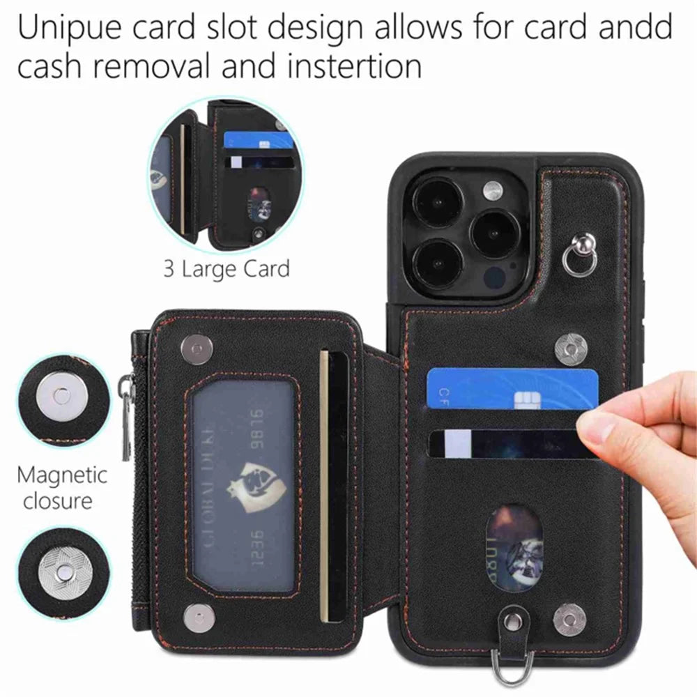 For iPhone 15 Pro Max RFID Blocking Wallet Phone Case Shockproof PU Leather+TPU Cover with Wrist Strap - Black - 4