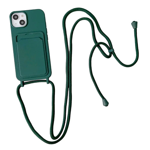 Liquid Silicone Phone Case for iPhone 15 Card Slot Anti-Scratch Cover with Strap - Midnight Green - 1