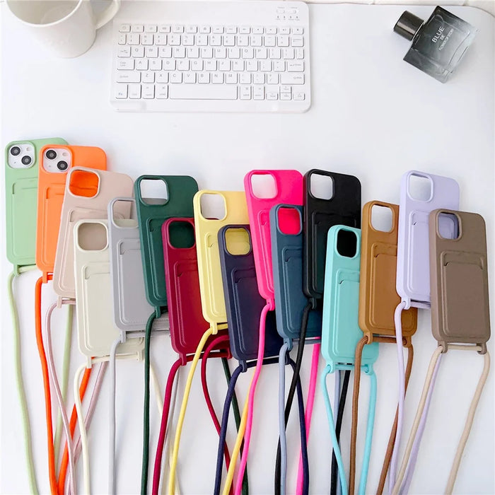 Liquid Silicone Phone Case for iPhone 15 Card Slot Anti-Scratch Cover with Strap - Midnight Green - 6