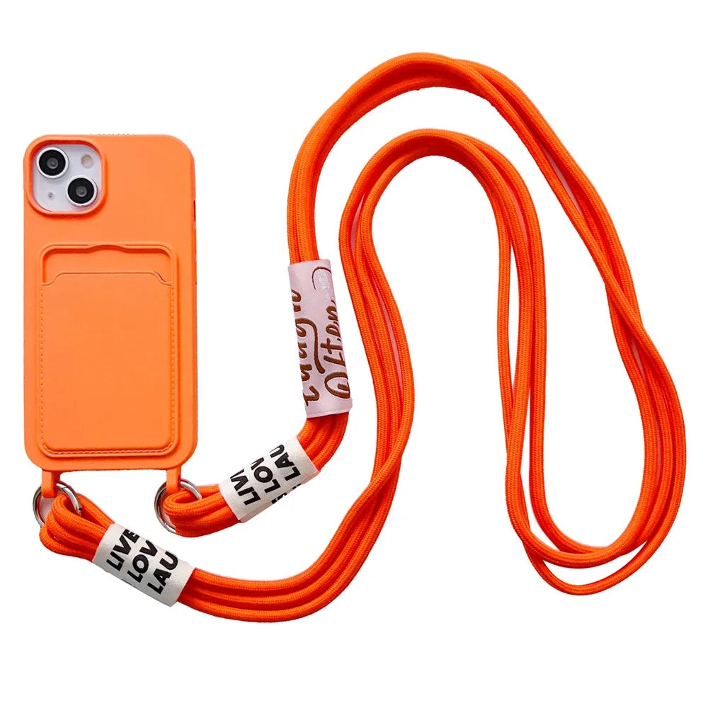 For iPhone 15 Plus Liquid Silicone Phone Case Card Slot Protective Cover with Strap - Orange - 1