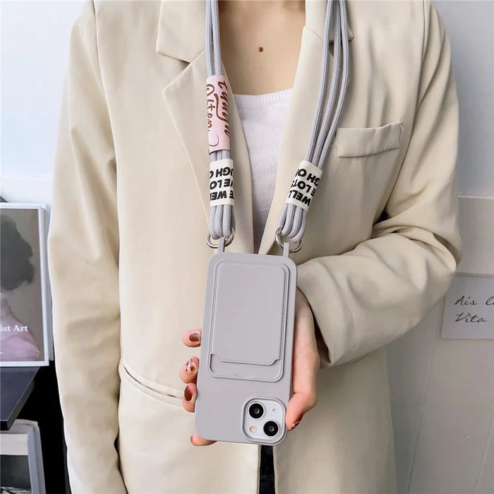 For iPhone 15 Plus Liquid Silicone Phone Case Card Slot Protective Cover with Strap - Orange - 3