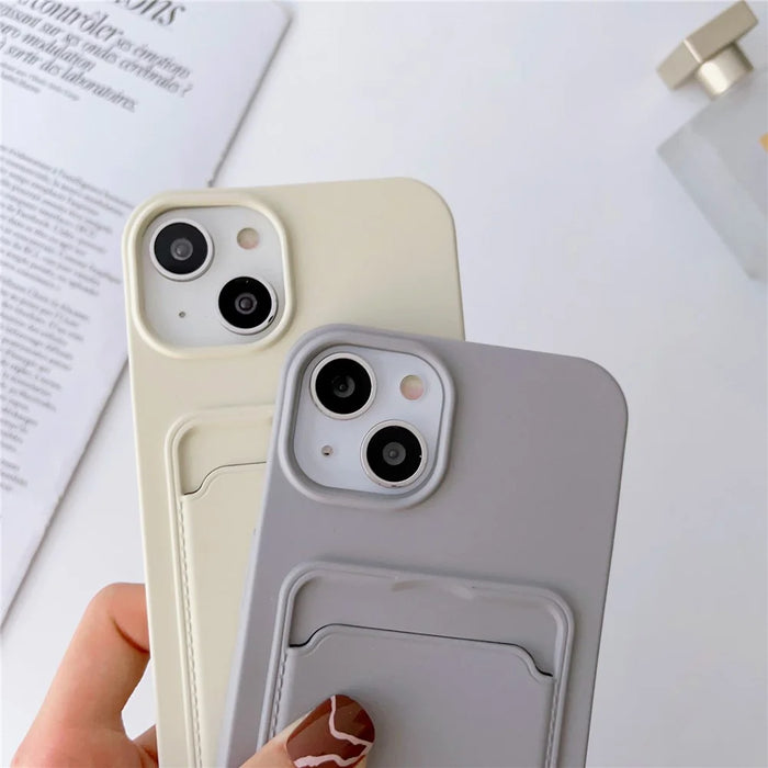 For iPhone 15 Plus Liquid Silicone Phone Case Card Slot Protective Cover with Strap - Orange - 7