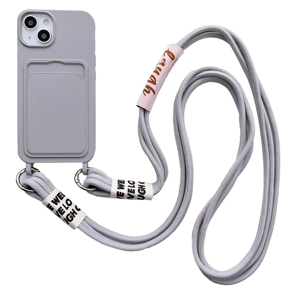 For iPhone 15 Card Holder Phone Case Soft Liquid Silicone Shockproof Cover with Strap - Grey - 1