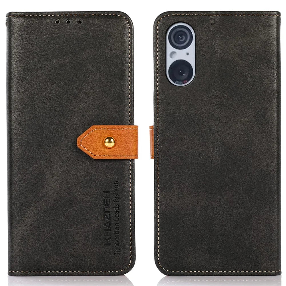 KHAZNEH For Sony Xperia 5 V Cowhide Texture Leather Stand Phone Case Shockproof Wallet Cover - Black - 1