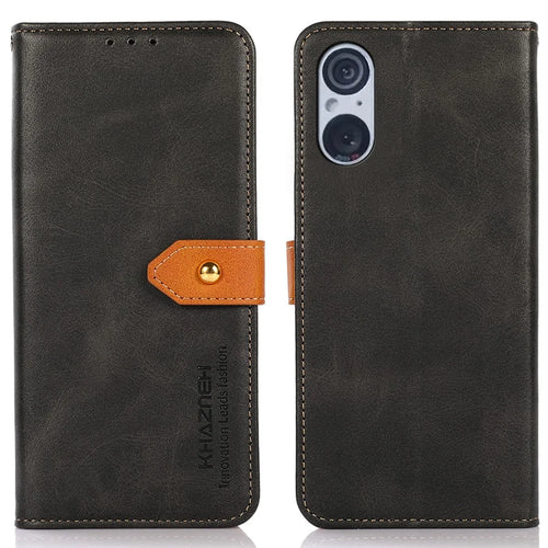 KHAZNEH For Sony Xperia 5 V Cowhide Texture Leather Stand Phone Case Shockproof Wallet Cover - Black - 1