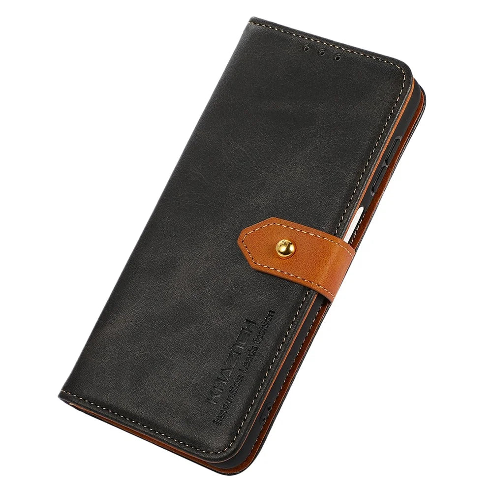 KHAZNEH For Sony Xperia 5 V Cowhide Texture Leather Stand Phone Case Shockproof Wallet Cover - Black - 5