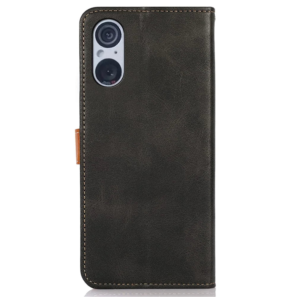 KHAZNEH For Sony Xperia 5 V Cowhide Texture Leather Stand Phone Case Shockproof Wallet Cover - Black - 7