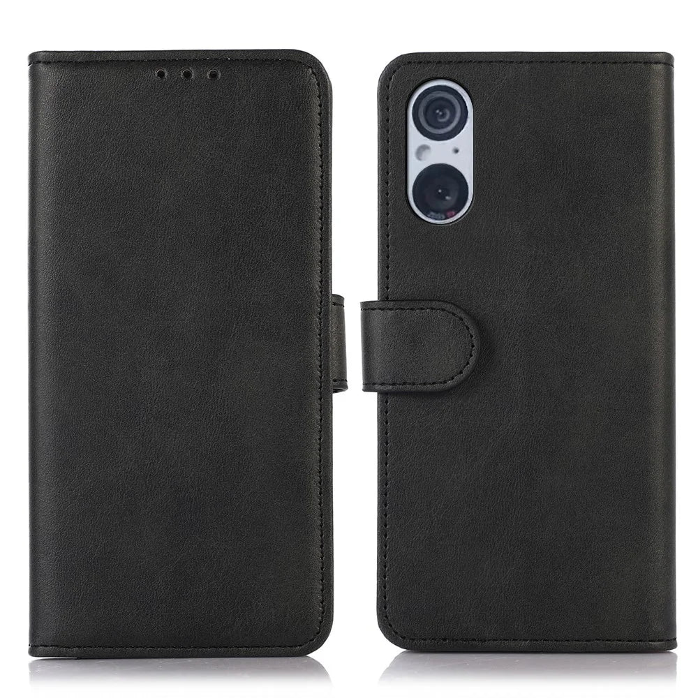 For Sony Xperia 5 V Cowhide Texture Phone Case Flip Leather Wallet Stand Anti-fall Cover - Black - 1