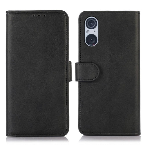 For Sony Xperia 5 V Cowhide Texture Phone Case Flip Leather Wallet Stand Anti-fall Cover - Black - 1