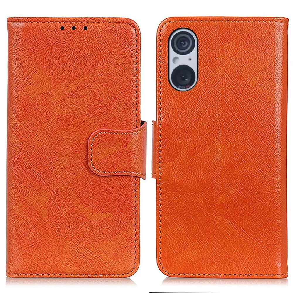 For Sony Xperia 5 V Drop Protection Phone Cover Nappa Texture Split Leather Stand Wallet Case - Orange - 1