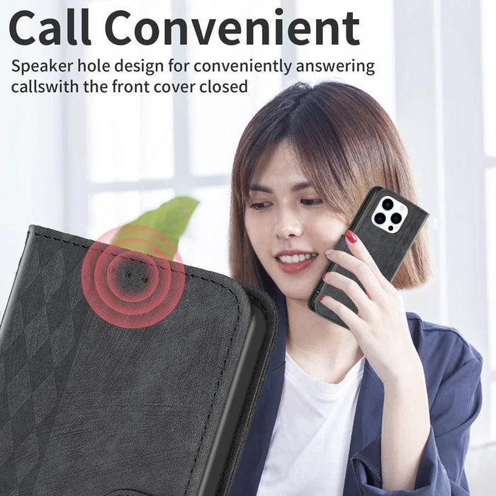 For iPhone 15 Pro Max Rhombus Imprinted PU Leather Case Stand Wallet Phone Cover - Black - 4