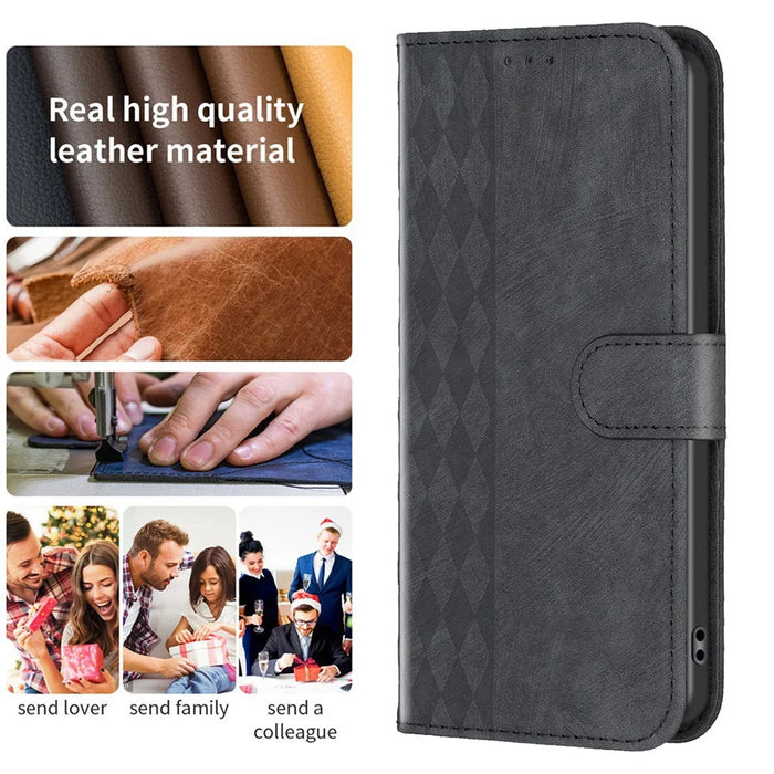 For iPhone 15 Pro Max Rhombus Imprinted PU Leather Case Stand Wallet Phone Cover - Black - 5