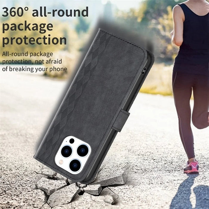 For iPhone 15 Plus Magnetic Clasp Rhombus Imprinted PU Leather Case Stand Wallet Phone Cover - Black - 6