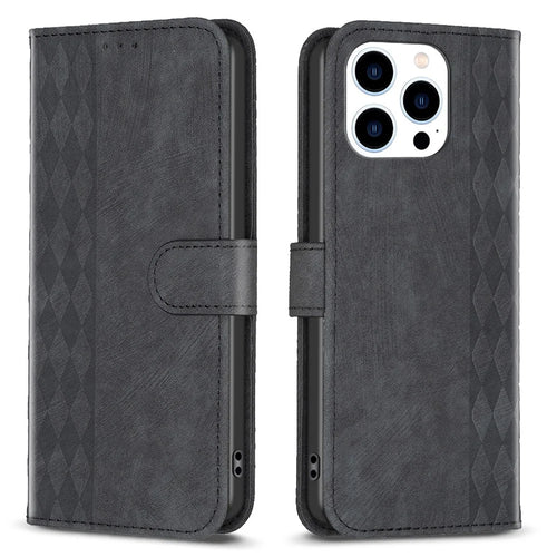 For iPhone 15 Rhombus Imprinted PU Leather Case Foldable Stand Wallet Phone Cover - Black - 1