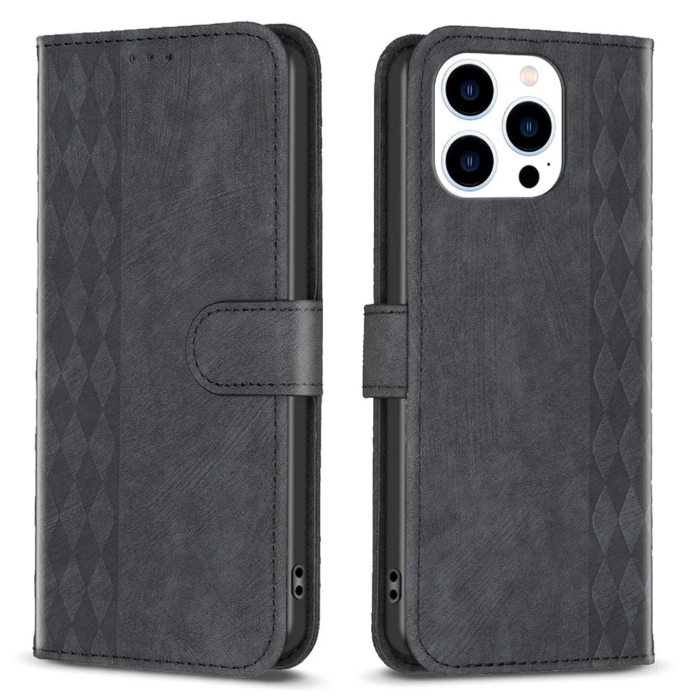 For iPhone 15 Rhombus Imprinted PU Leather Case Foldable Stand Wallet Phone Cover - Black - 1