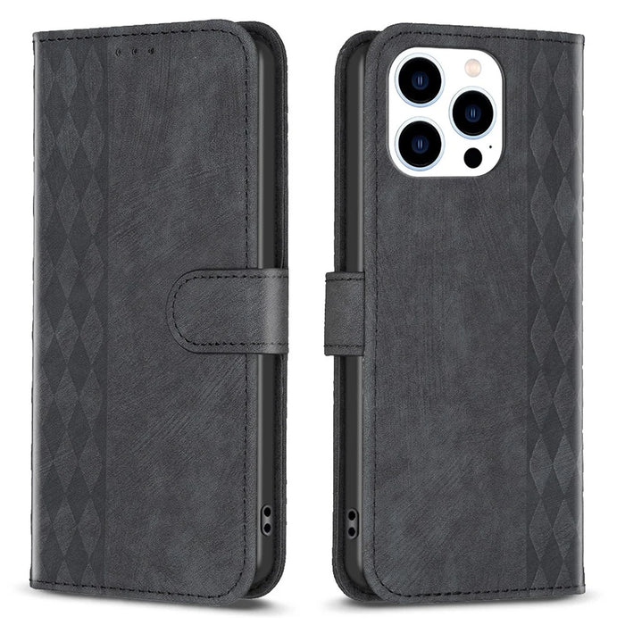 For iPhone 15 Rhombus Imprinted PU Leather Case Foldable Stand Wallet Phone Cover - Black - 1
