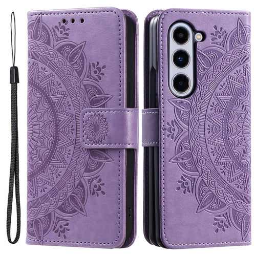 For Samsung Galaxy Z Fold5 5G Leather Wallet Case Mandala Flower Imprinted Phone Stand Cover with Strap - Purple - 1