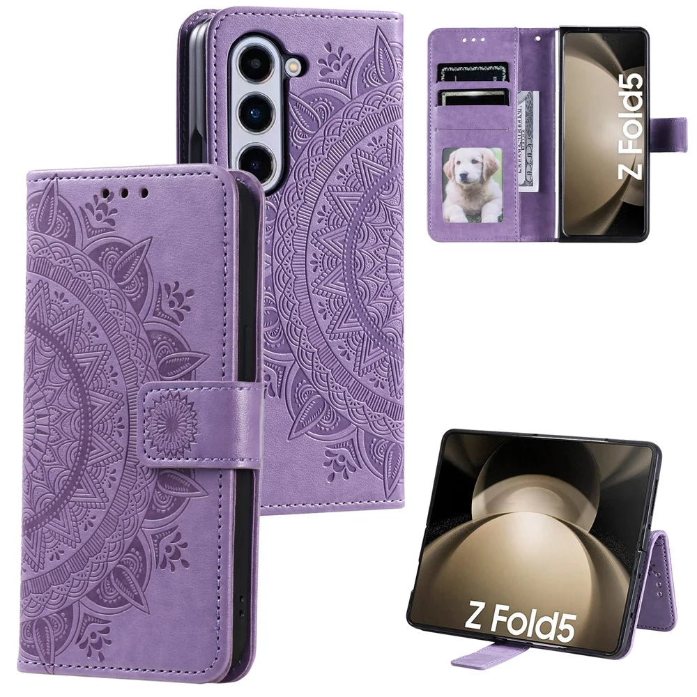 For Samsung Galaxy Z Fold5 5G Leather Wallet Case Mandala Flower Imprinted Phone Stand Cover with Strap - Purple - 7