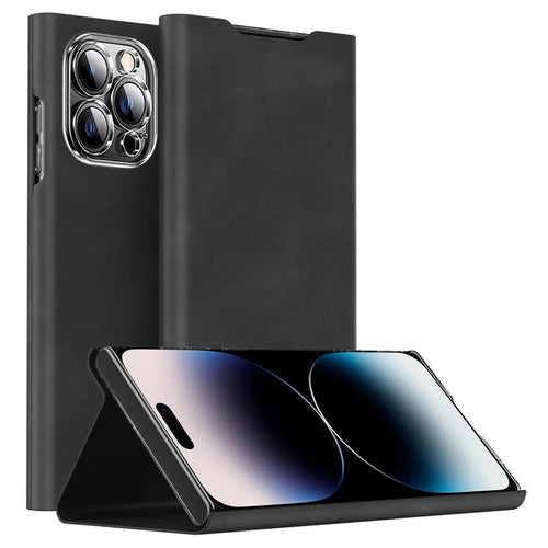 For iPhone 15 Pro Max Card Holder Phone Case Nappa Texture PU Leather + PC Stand Phone Cover - Black - 1