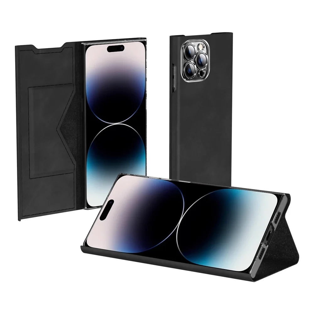 For iPhone 15 Pro Max Card Holder Phone Case Nappa Texture PU Leather + PC Stand Phone Cover - Black - 3