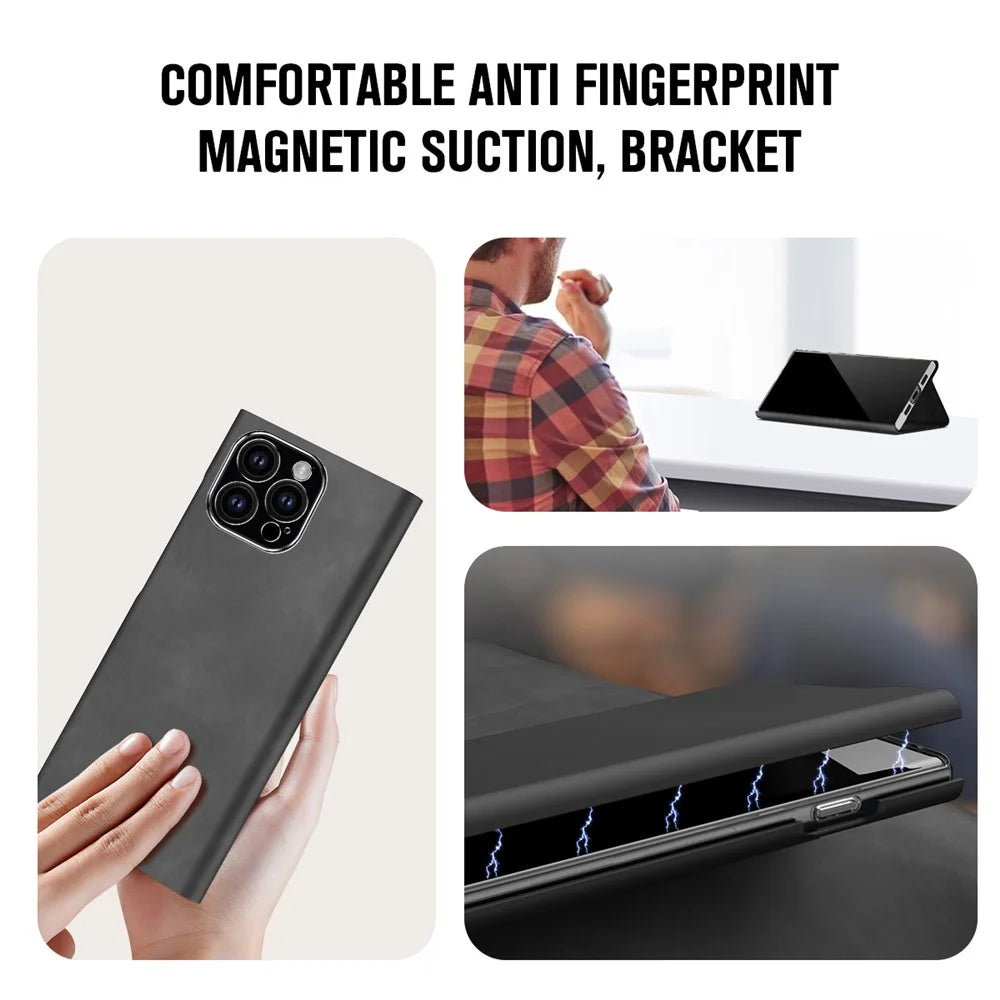 For iPhone 15 Pro Max Card Holder Phone Case Nappa Texture PU Leather + PC Stand Phone Cover - Black - 7