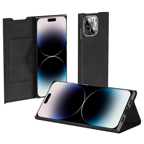 PU Leather + PC Stand Phone Case for iPhone 15 Plus , Nappa Texture Card Holder Phone Cover - Black - 1