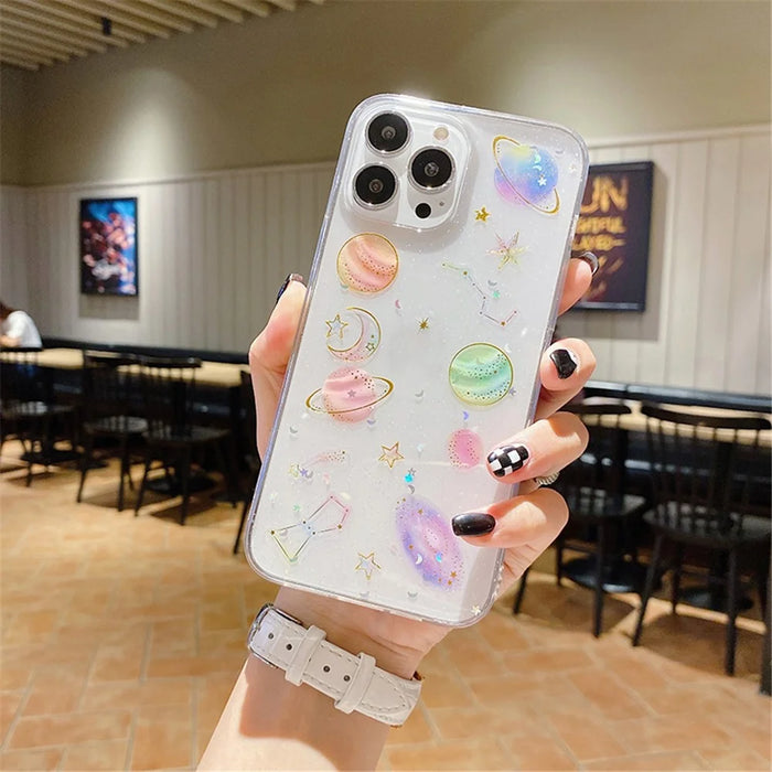 For iPhone 15 Pro Max TPU Phone Case Epoxy Design Star Planet Pattern Soft Phone Cover Shell - White - 3