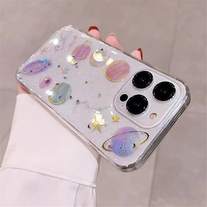 For iPhone 15 Pro Max TPU Phone Case Epoxy Design Star Planet Pattern Soft Phone Cover Shell - White - 5