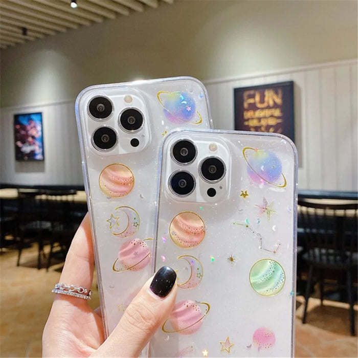For iPhone 15 Pro Max TPU Phone Case Epoxy Design Star Planet Pattern Soft Phone Cover Shell - White - 6