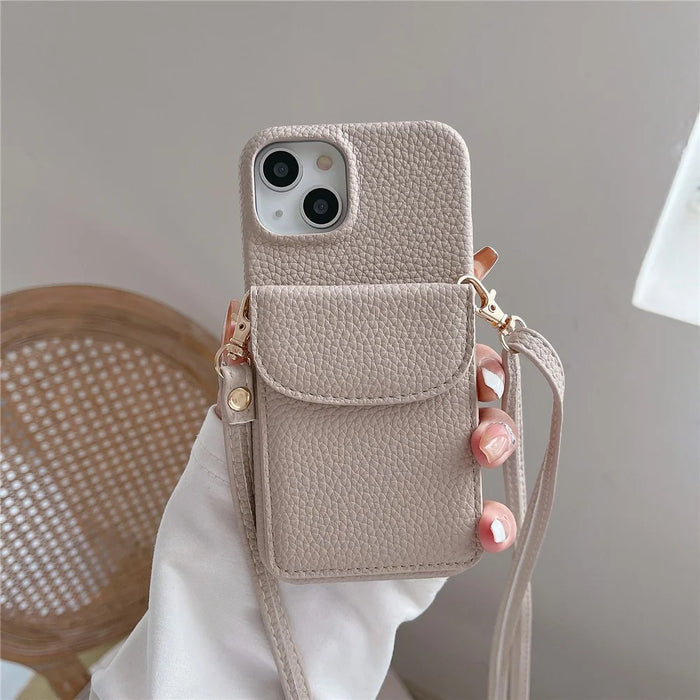 Crossbody Phone Case for iPhone 15 , Card Holder PU Leather Coated PC Cover with Shoulder Strap - Light Khaki - 1