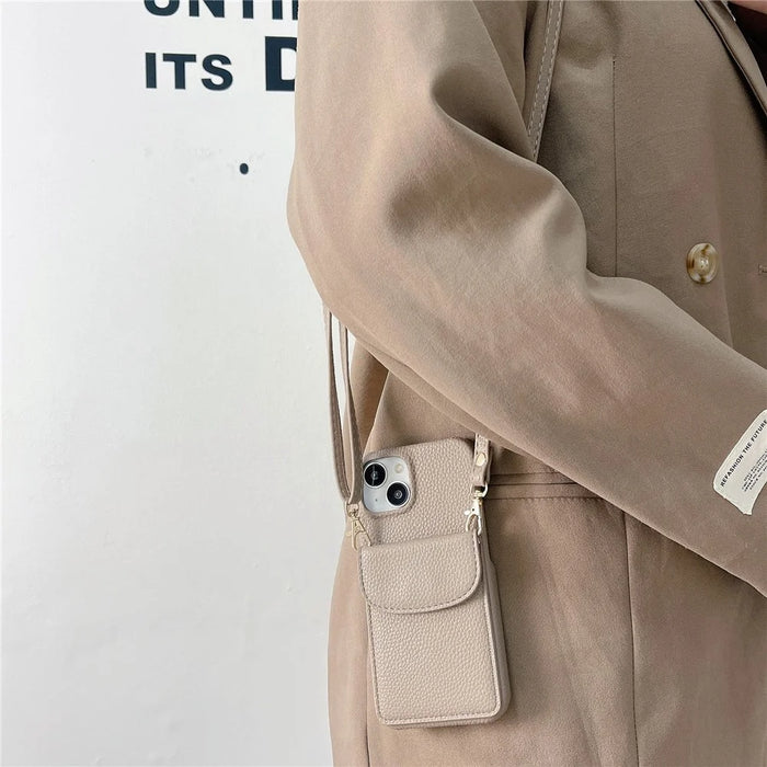 Crossbody Phone Case for iPhone 15 , Card Holder PU Leather Coated PC Cover with Shoulder Strap - Light Khaki - 2