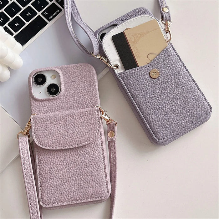 Crossbody Phone Case for iPhone 15 , Card Holder PU Leather Coated PC Cover with Shoulder Strap - Light Khaki - 3