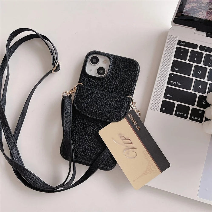 Crossbody Phone Case for iPhone 15 , Card Holder PU Leather Coated PC Cover with Shoulder Strap - Light Khaki - 4