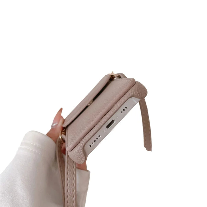Crossbody Phone Case for iPhone 15 , Card Holder PU Leather Coated PC Cover with Shoulder Strap - Light Khaki - 6