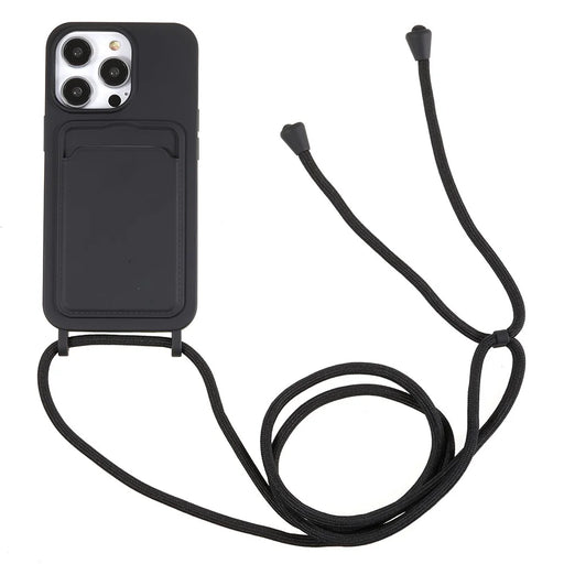 For iPhone 15 Pro Liquid Silicone Card Slot Cover Anti Scratch Protection Phone Case with Strap - Black - 1
