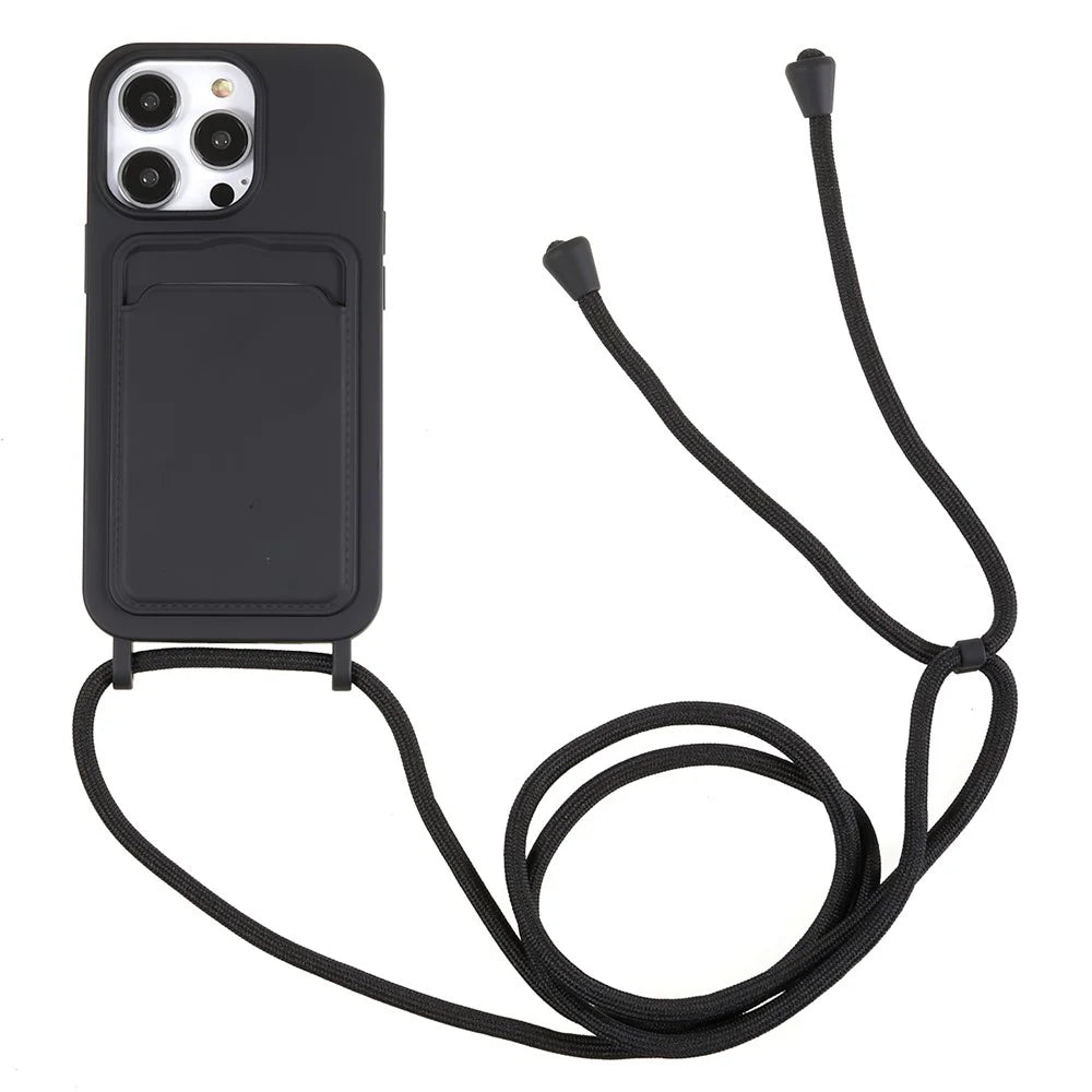 For iPhone 15 Pro Max Phone Case Liquid Silicone Shockproof Cover with Card Holder / Strap - Black - 1