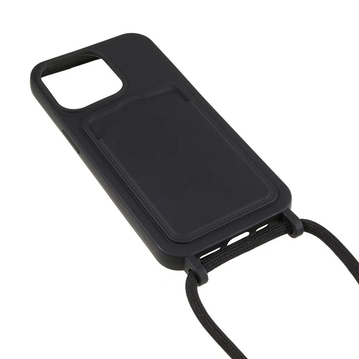 For iPhone 15 Pro Max Phone Case Liquid Silicone Shockproof Cover with Card Holder / Strap - Black - 3