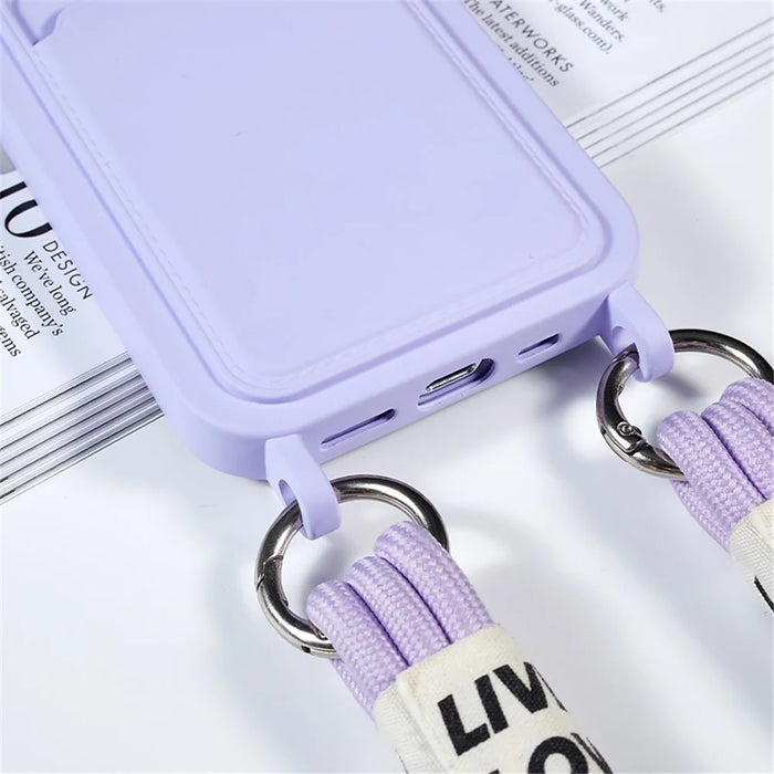 For iPhone 15 Pro Soft Slim Protective Case Liquid Silicone Card Holder Cover with Strap - Purple - 6