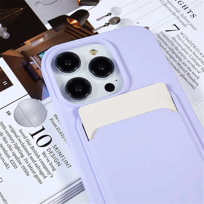 For iPhone 15 Pro Soft Slim Protective Case Liquid Silicone Card Holder Cover with Strap - Purple - 7