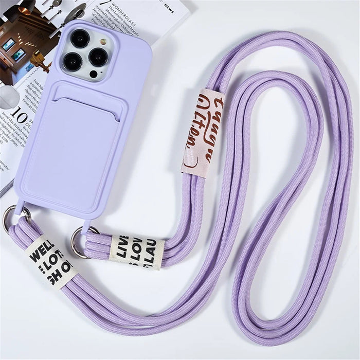 For iPhone 15 Pro Max Liquid Silicone Case Card Slot Shockproof Protective Phone Cover with Strap - Purple - 2